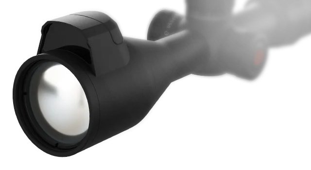 Close-up photograph of the objective lens and the top-mounted built-in laser rangefinder of the ATN THOR-6 LRF thermal rifle scope
