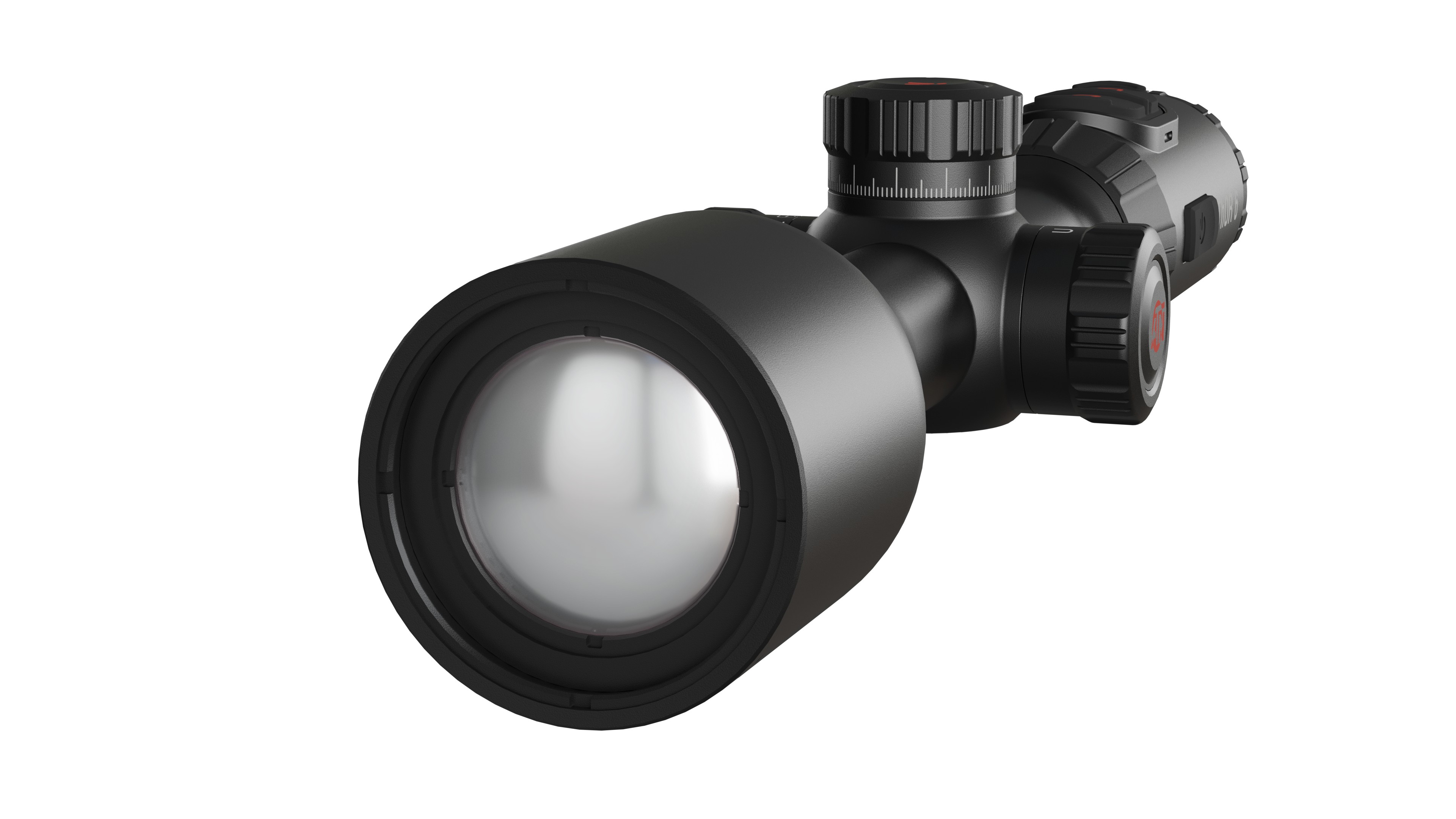 Angled front view of a black ATN ThOR 6 thermal rifle scope highlighting the large convex objective lens, adjustment turrets and main housing