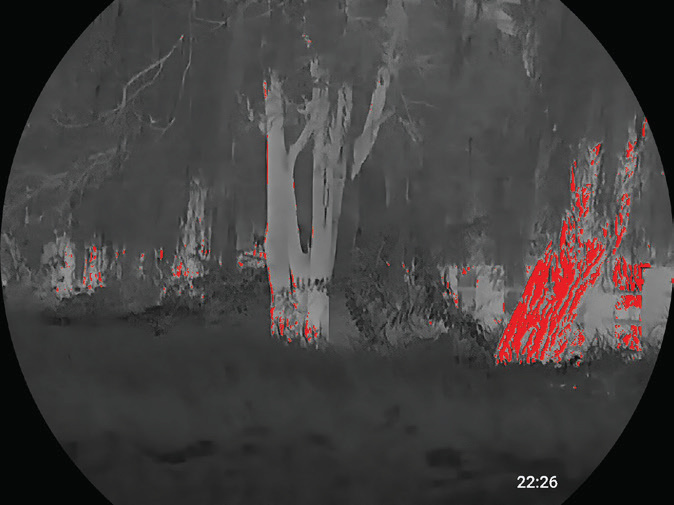 Circular thermal scope view of trees and vegetation in greyscale with vivid red highlights marking the warmest areas of the frame and an on-screen time stamp
