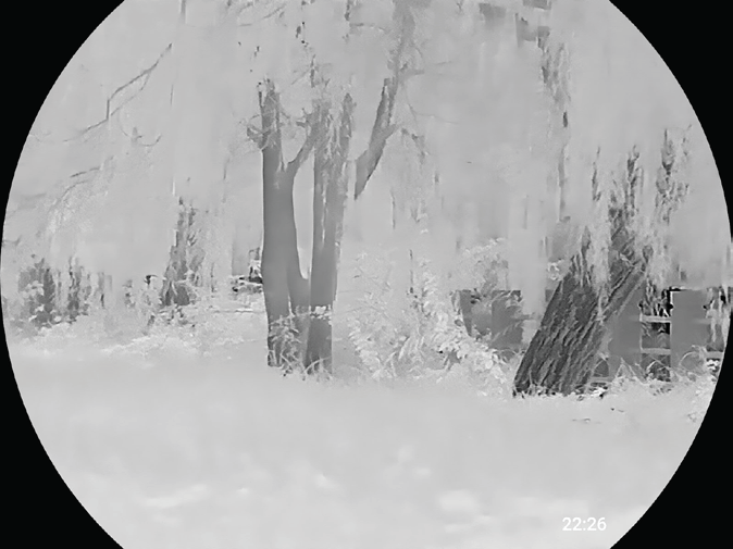 Circular thermal scope view of an outdoor landscape with trees and ground vegetation rendered in the White Hot palette with an on-screen time stamp