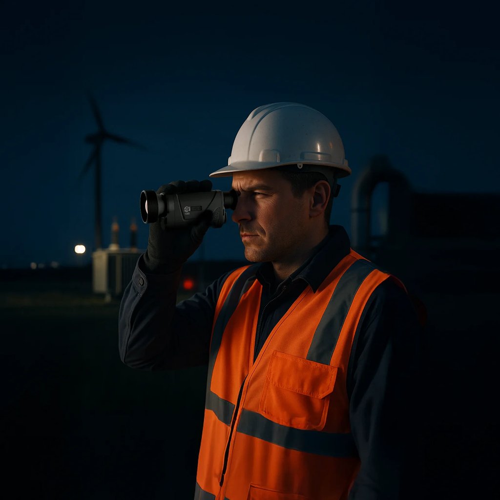 Person in a hard hat and safety vest using the ATN BlazeHunter XD LRF thermal monocular at night near a wind turbine