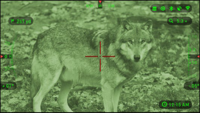 Screen view through a digital day/night scope in Night Vision mode with a green color theme, showing an animal centered in the reticle with range and zoom widgets displayed