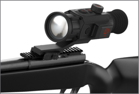 ATN ThOR 6 Mini thermal riflescope mounted on a rifle's Picatinny rail, shown in side profile with the QD mount
