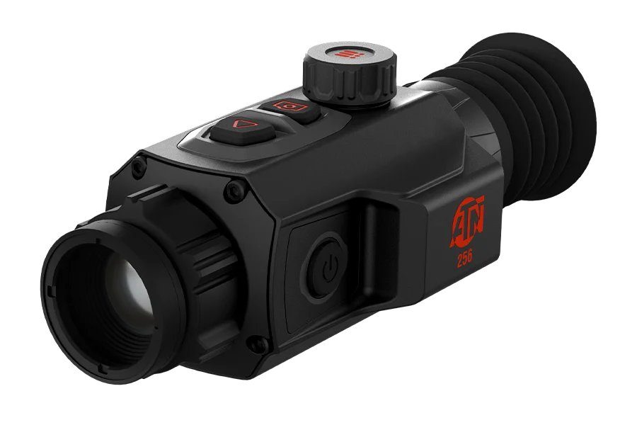 ATN ThOR 6 Mini 256 thermal riflescope shown at a three-quarter angle against a white background, showing the 3-button control panel and objective lens