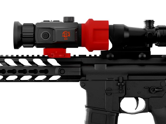 ATN TICO 6 640 thermal clip-on mounted on Picatinny rail in front of a traditional day scope