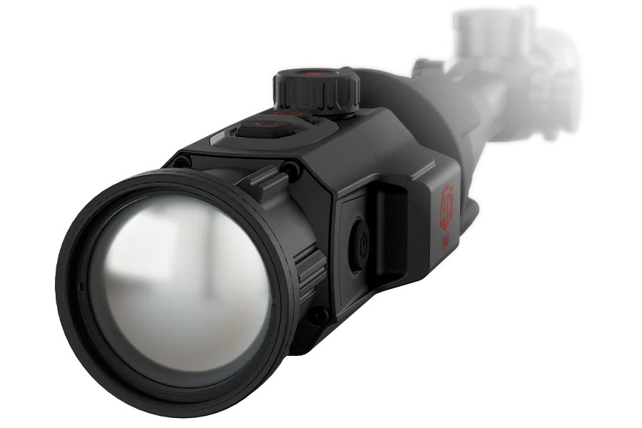 ATN TICO 6 640 1-15x thermal clip-on studio photo mounted in front of a day scope on white background