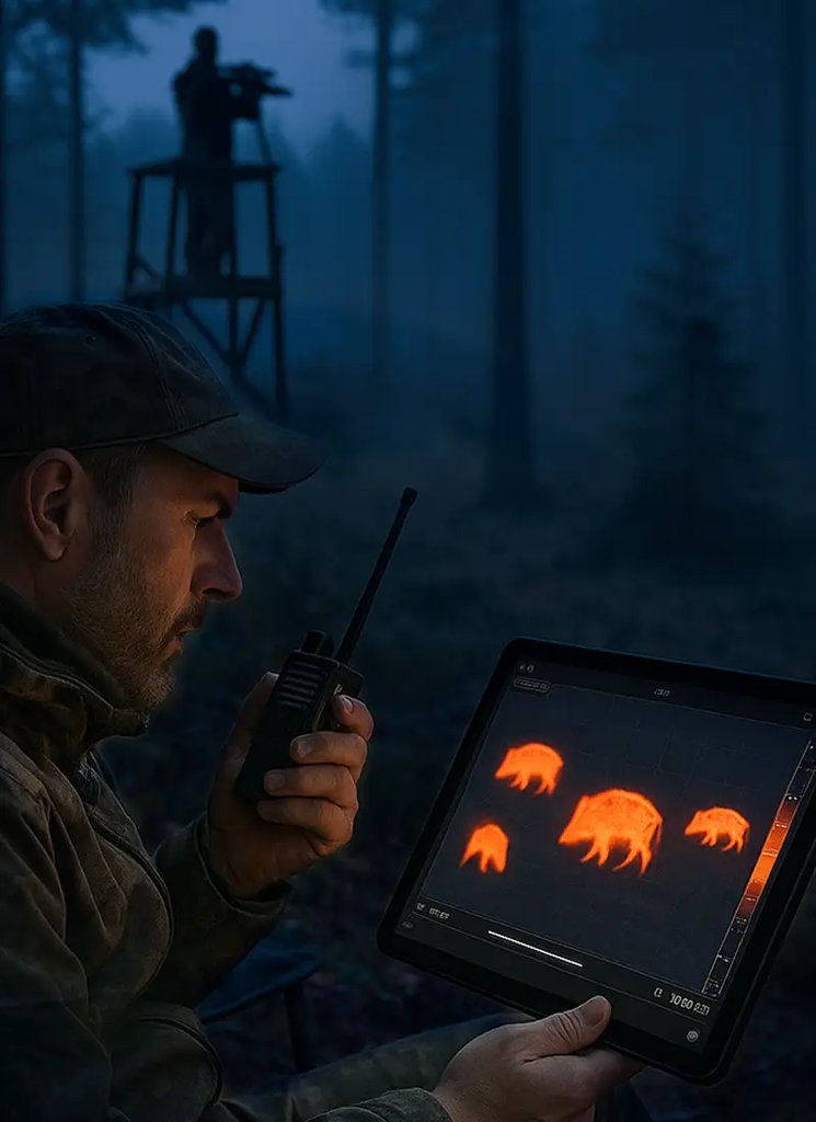 Hunter at night using a tablet to view a live thermal feed streamed from a thermal device via Wi-Fi