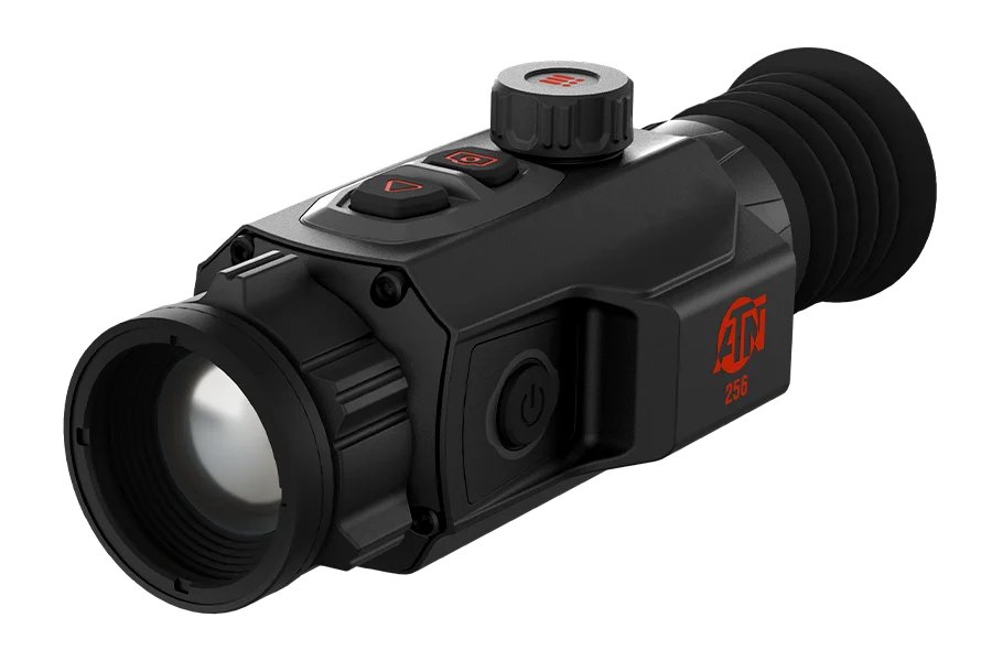 ATN ThOR 6 Mini 256 thermal riflescope photographed head-on against a white background, showing the front objective lens and body