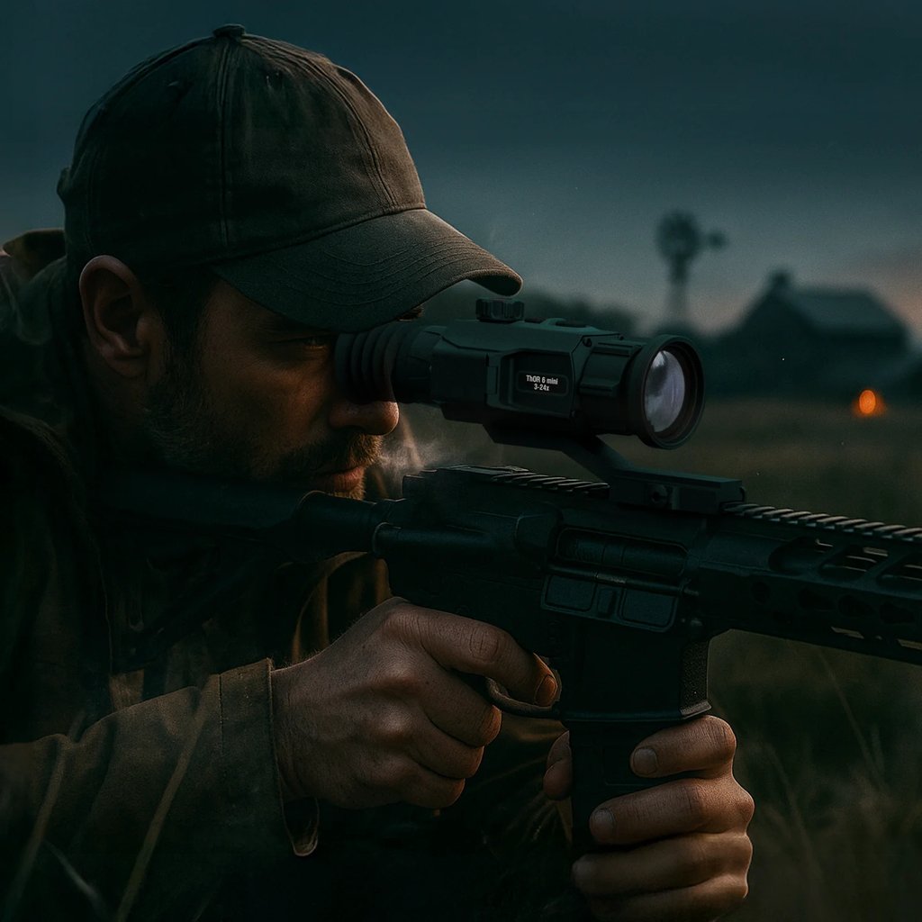 Hunter aiming a rifle equipped with an ATN ThOR 6 Mini thermal scope at dusk with a rural landscape in the background