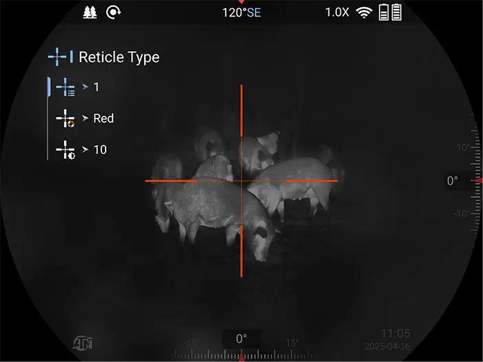 ATN THOR 6 on-screen display showing White Hot thermal view with compass, zoom level, and battery status