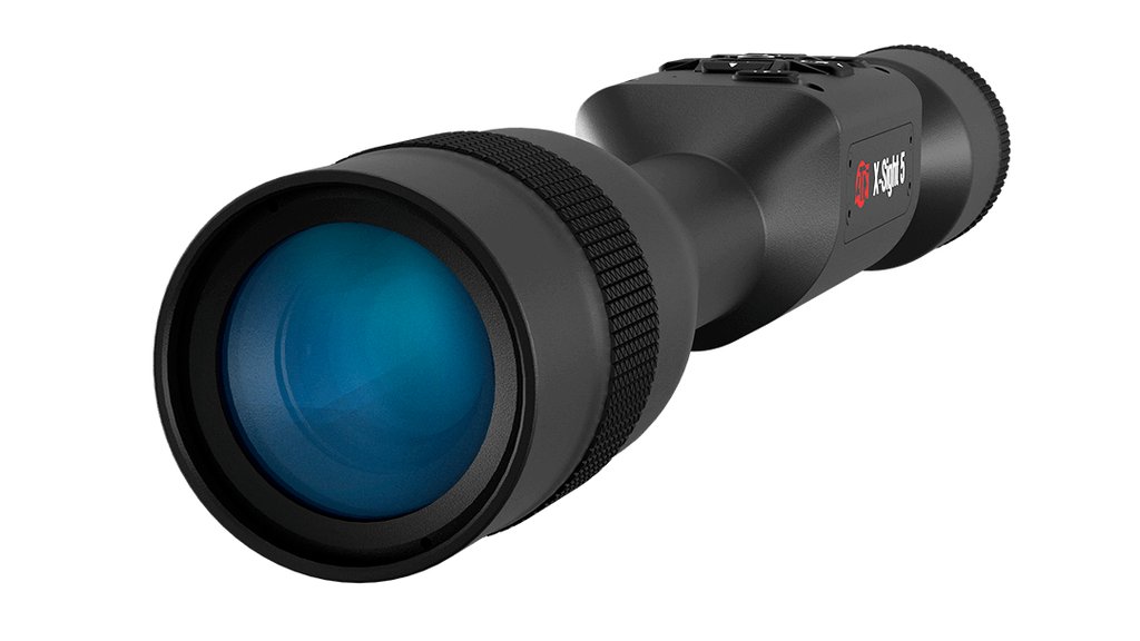 ATN X-Sight 5 3-15x Day and Night Vision Rifle Scope in a studio photograph, angled to show the objective lens and main body against a white background