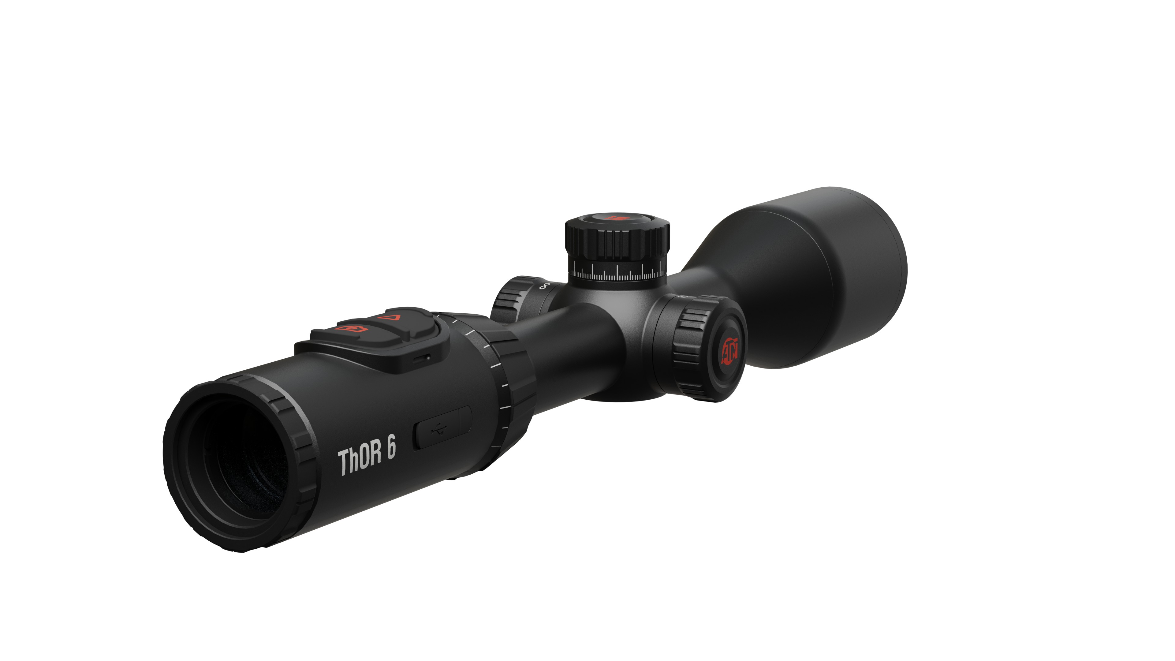 Angled studio view of a matte black ATN ThOR 6 thermal rifle scope showing the top control buttons, adjustment turrets and the ThOR 6 name printed on the side body
