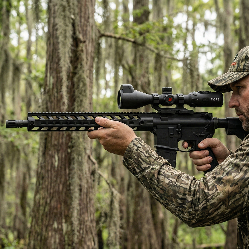Hunter in camouflage holding a rifle fitted with an ATN ThOR 6 thermal scope in a wooded swampy area
