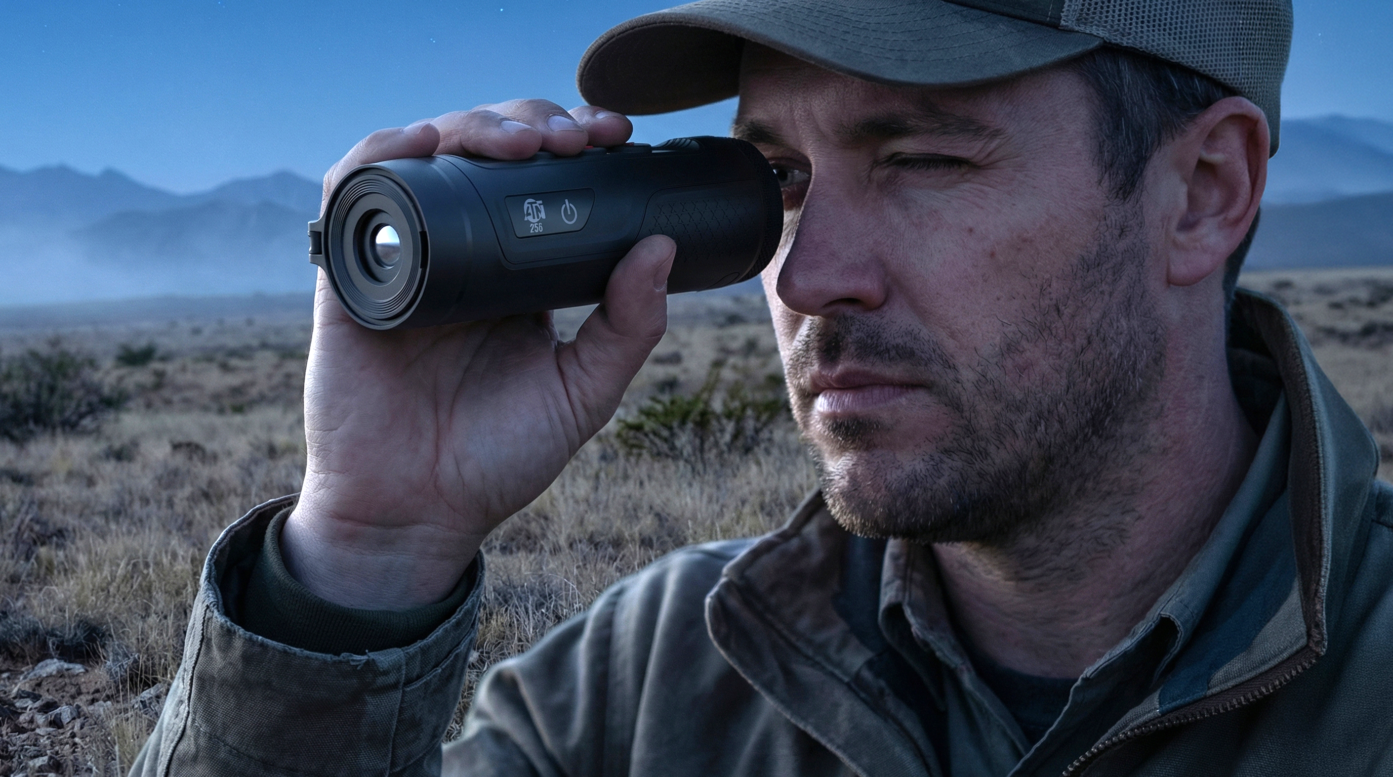 Man holding an ATN thermal monocular up to his eye in an open field at dusk