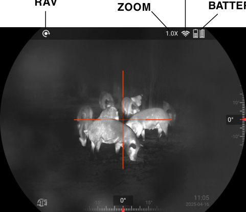 ATN ThOR 6 thermal scope display showing White Hot thermal view of wild pigs with labeled on-screen status bar icons for RAV, zoom, Wi-Fi, and battery