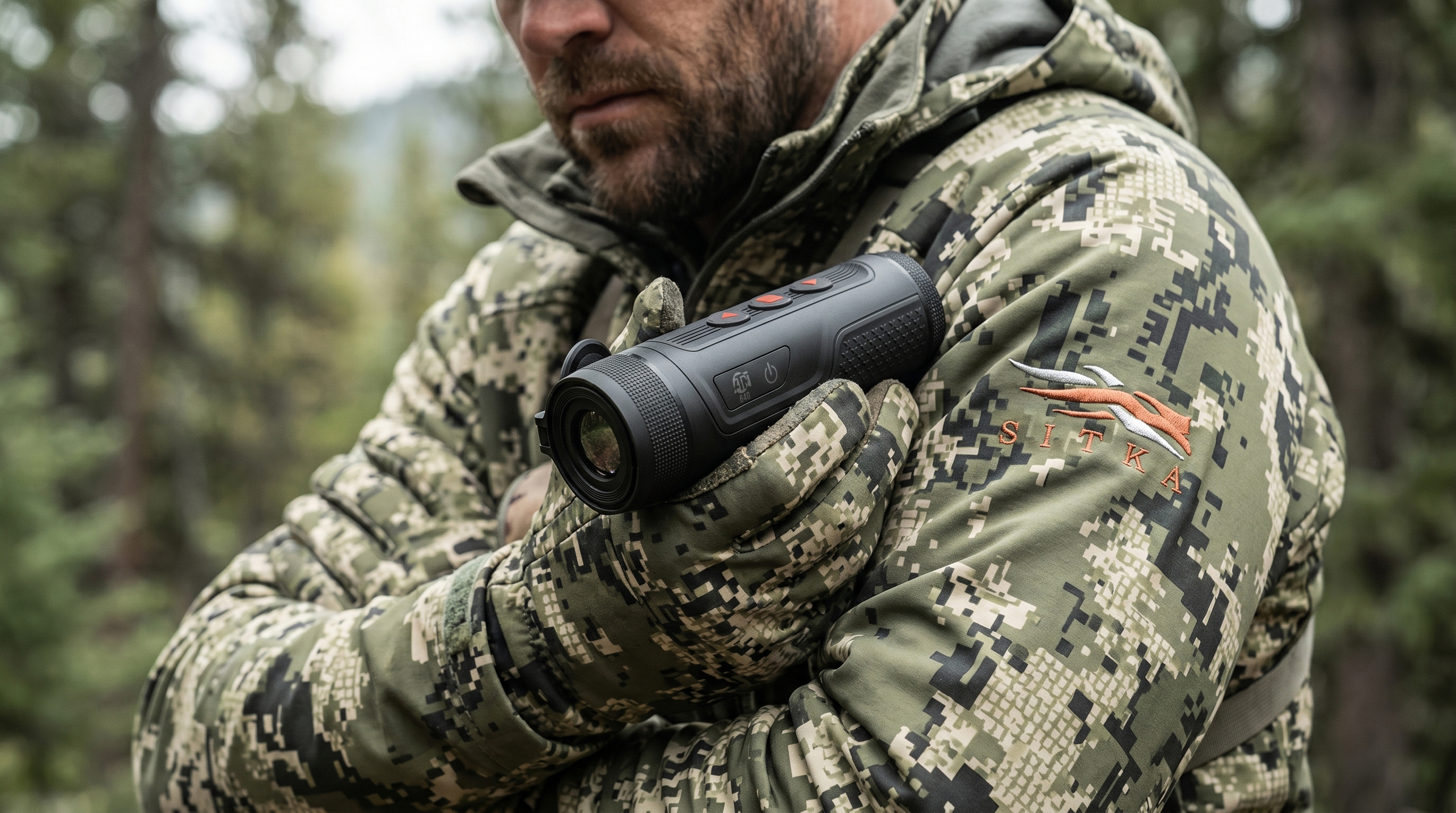 Person in camouflage holding a compact ATN thermal monocular while scanning outdoors