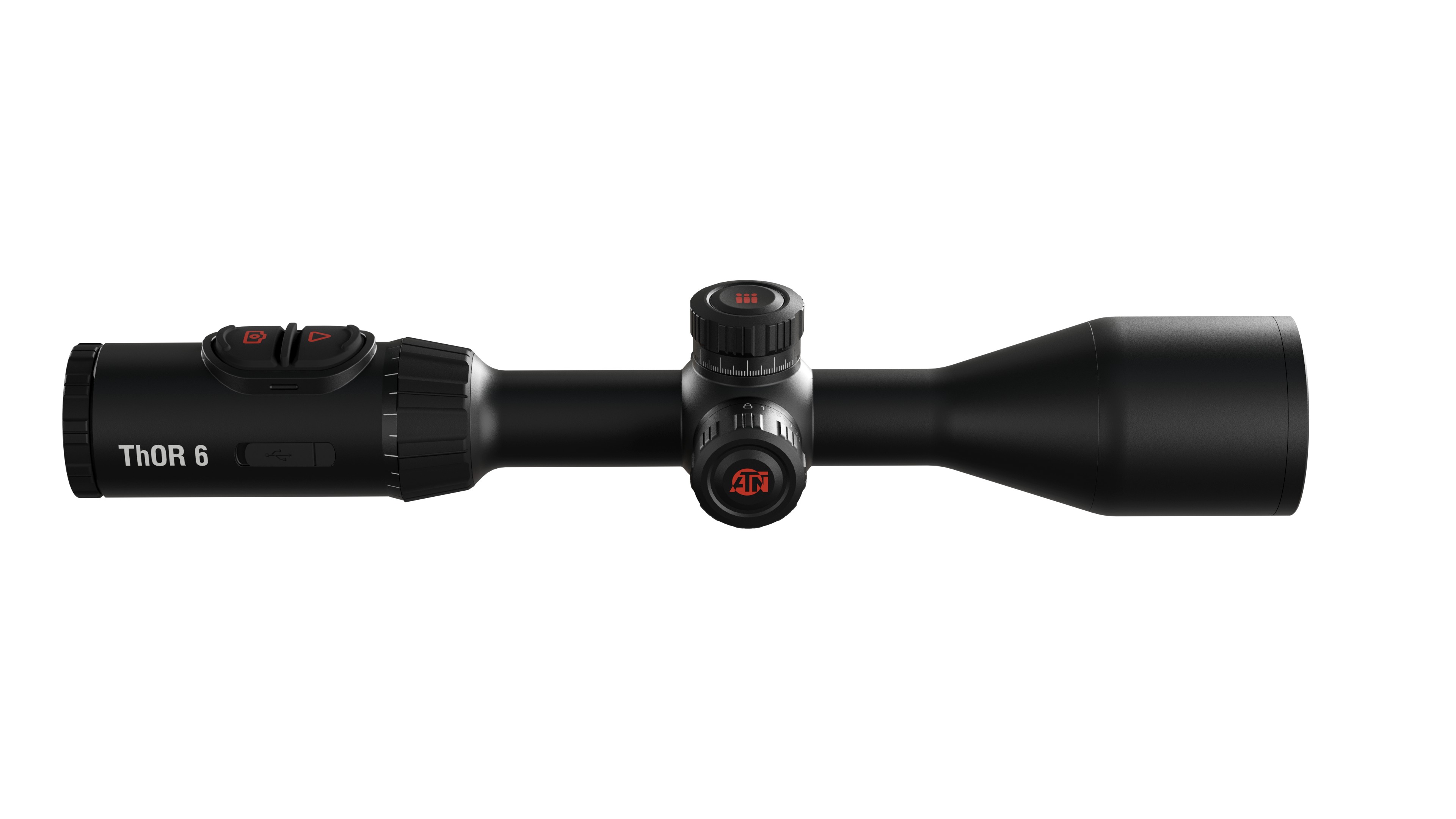 Side profile view of the ATN ThOR 6 thermal rifle scope displaying its control buttons, USB interface port, central turrets with ATN logo and objective lens barrel
