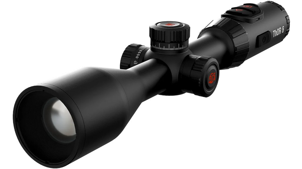 ATN ThOR 6 640x512 2-16x thermal rifle scope shown at a high angle against a white background