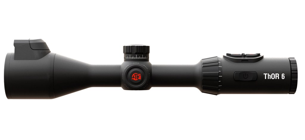 ATN ThOR 6 640 thermal rifle scope side profile studio shot showing branding and controls