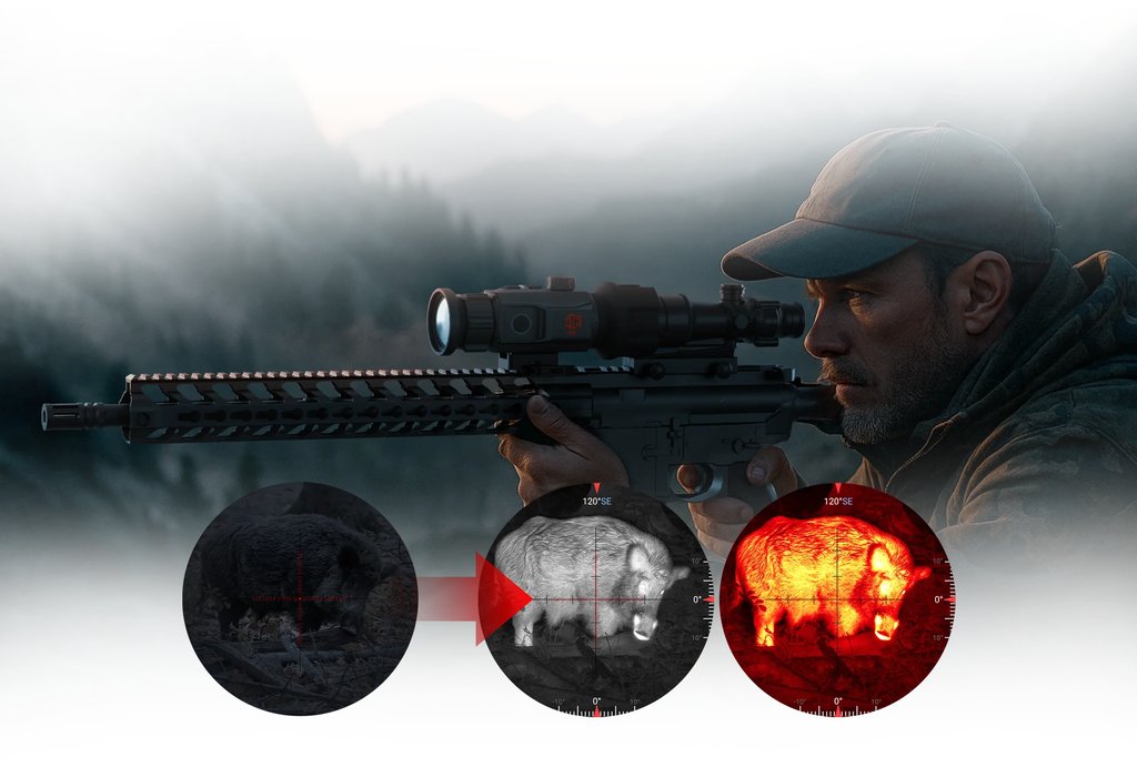 Wild boar viewed through the ATN TICO 6 thermal clip-on shown in natural, White Hot, and Iron Red palettes side by side