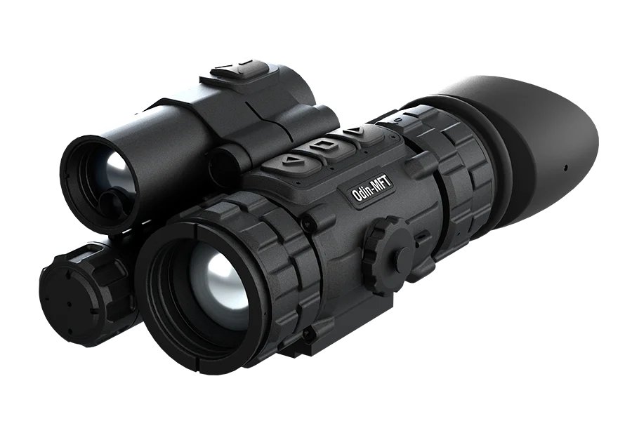 Studio product photo of the ATN Odin MFT 320x240 thermal monocular on a white background, showing the objective lens, control buttons, and eyepiece