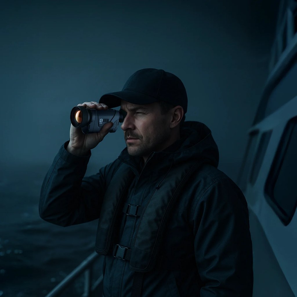 Man on a boat wearing a life vest, using a thermal monocular to scan the water in foggy, low-light conditions