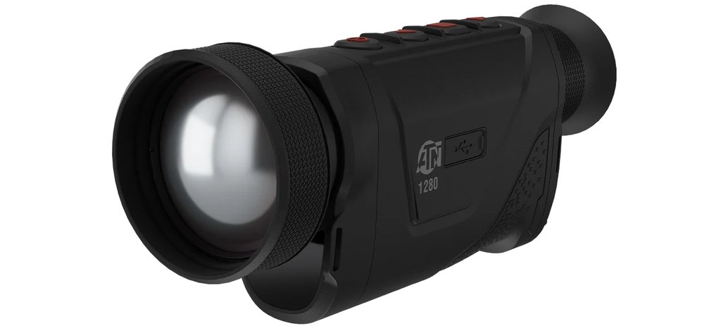 Studio product photo of the ATN BlazeHunter XD LRF 1280x1024 thermal monocular on a white background, showing the objective lens and control buttons