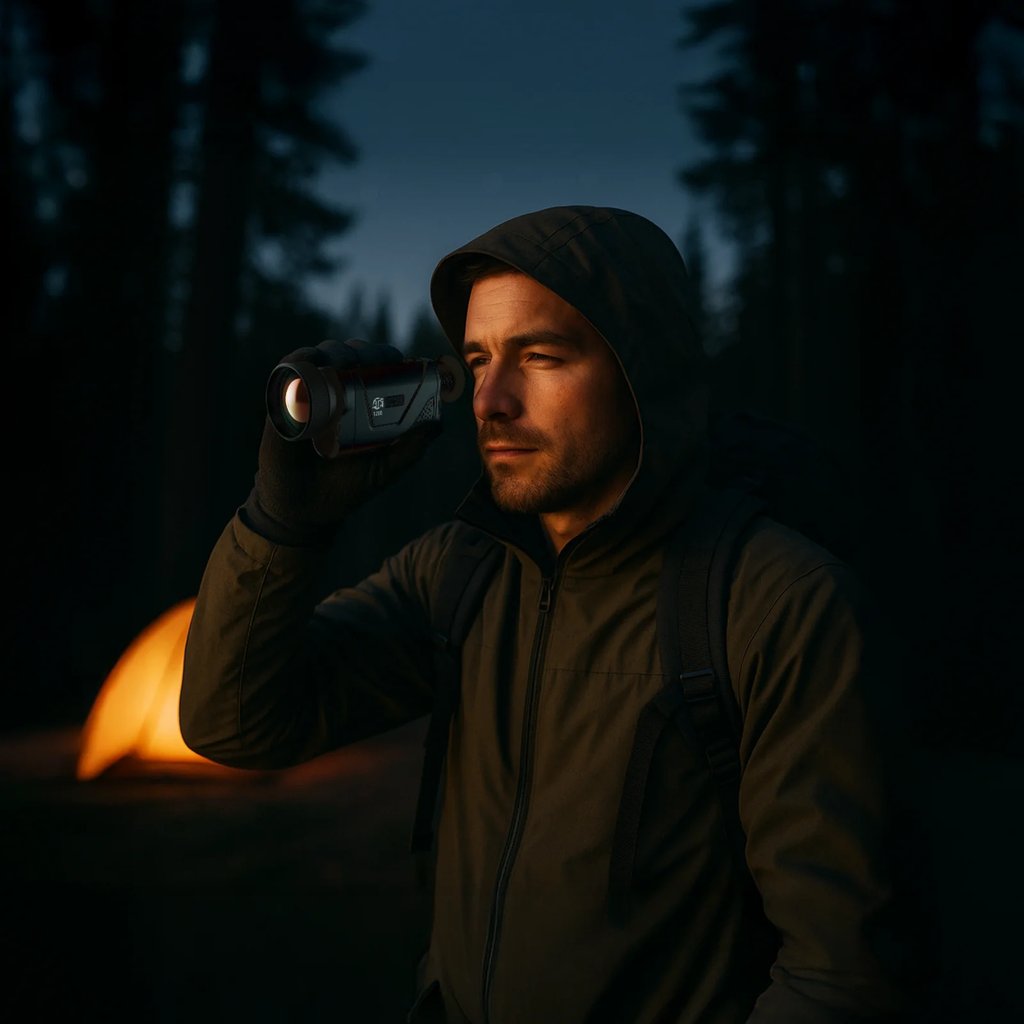 A man in a dark hooded jacket and gloves using an ATN BlazeHunter XD LRF thermal monocular at night in a forest with a glowing tent behind him