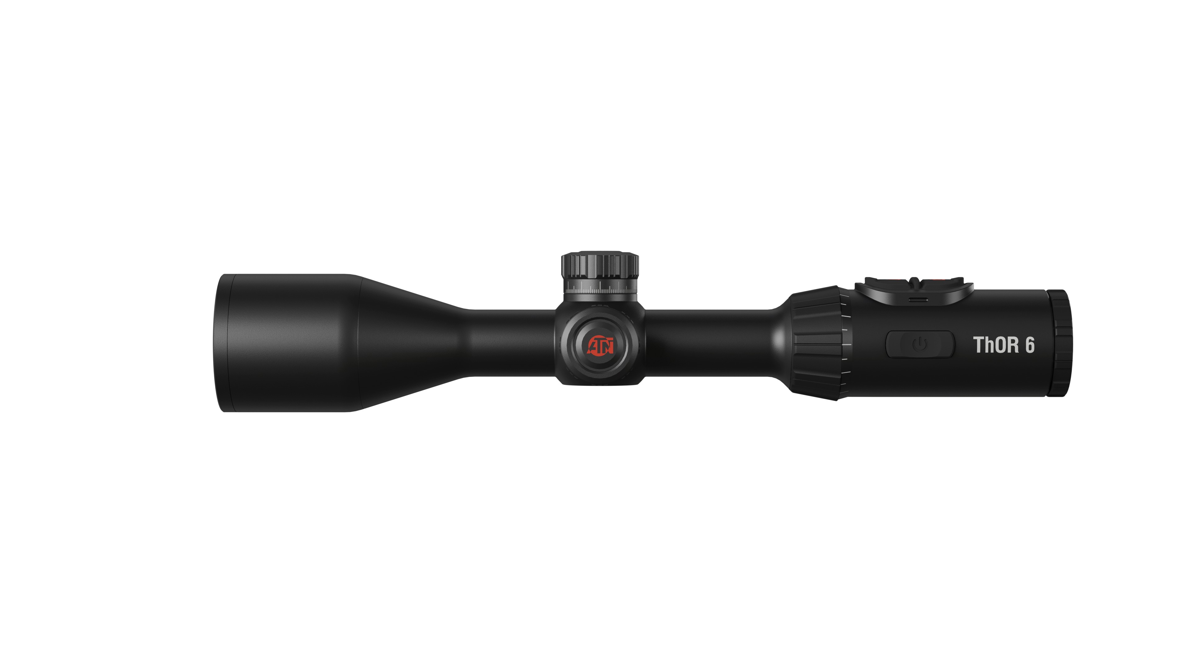 Side profile view of a black ATN ThOR 6 thermal rifle scope displaying the adjustment turret and the branded eyepiece housing