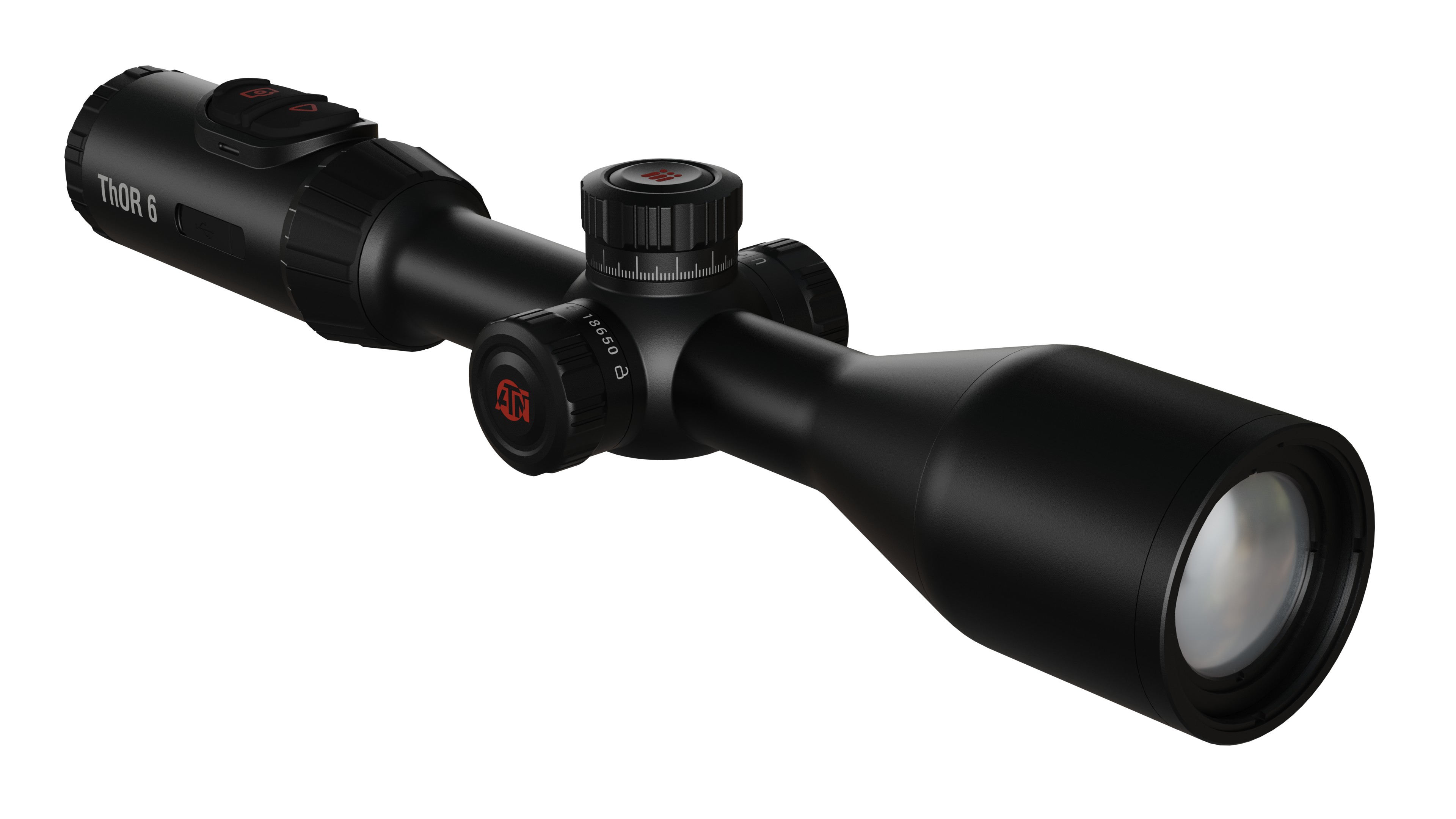 Front three-quarter perspective studio view of a black ATN ThOR 6 thermal rifle scope showing the objective lens, top control buttons, central adjustment turrets and the ThOR 6 model name near the eyepiece