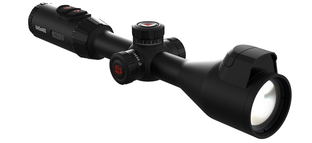 Studio photograph of the ATN ThOR 6 640x512 2-16x thermal rifle scope on a white background