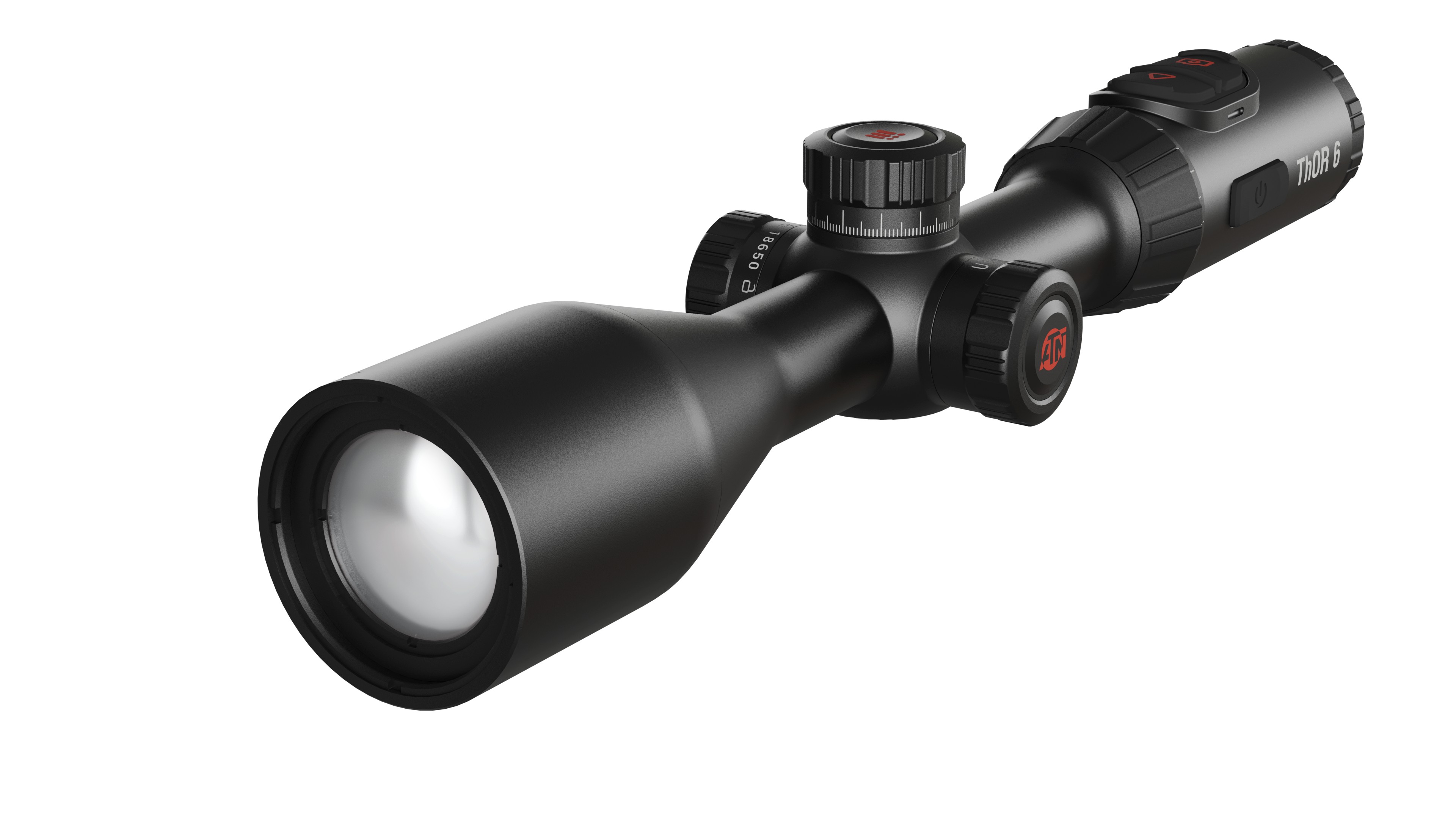 Three-quarter front studio view of the ATN ThOR 6 thermal rifle scope showing the objective lens, central adjustment turrets with the ATN logo, the 18650 battery compartment ring and the top control buttons