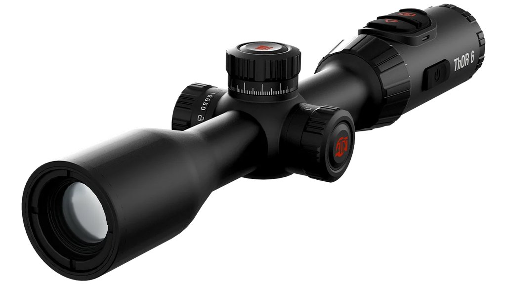 ATN THOR-6 384x288 2.5-20x thermal rifle scope shown at an angle against a white background