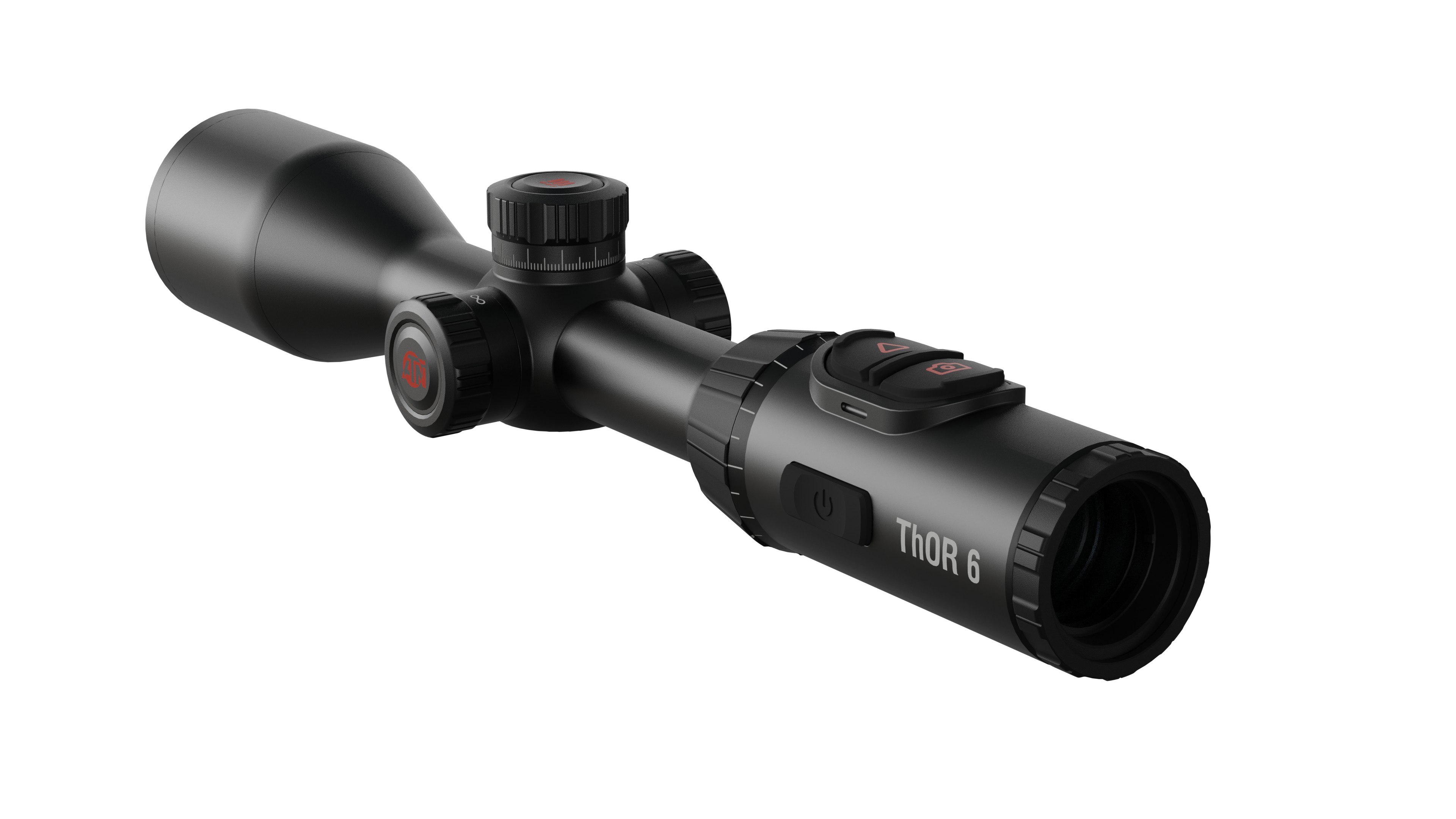 Rear side perspective studio view of a black ATN ThOR 6 thermal rifle scope showing the control buttons, central adjustment turrets and the eyepiece housing