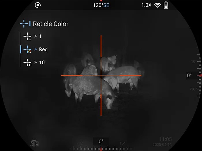 Screenshot from the viewfinder of an ATN ThOR 6 Mini thermal scope showing hogs in the White Hot palette with the on-screen Reticle Color menu open on the left and a red crosshair centred on the targets