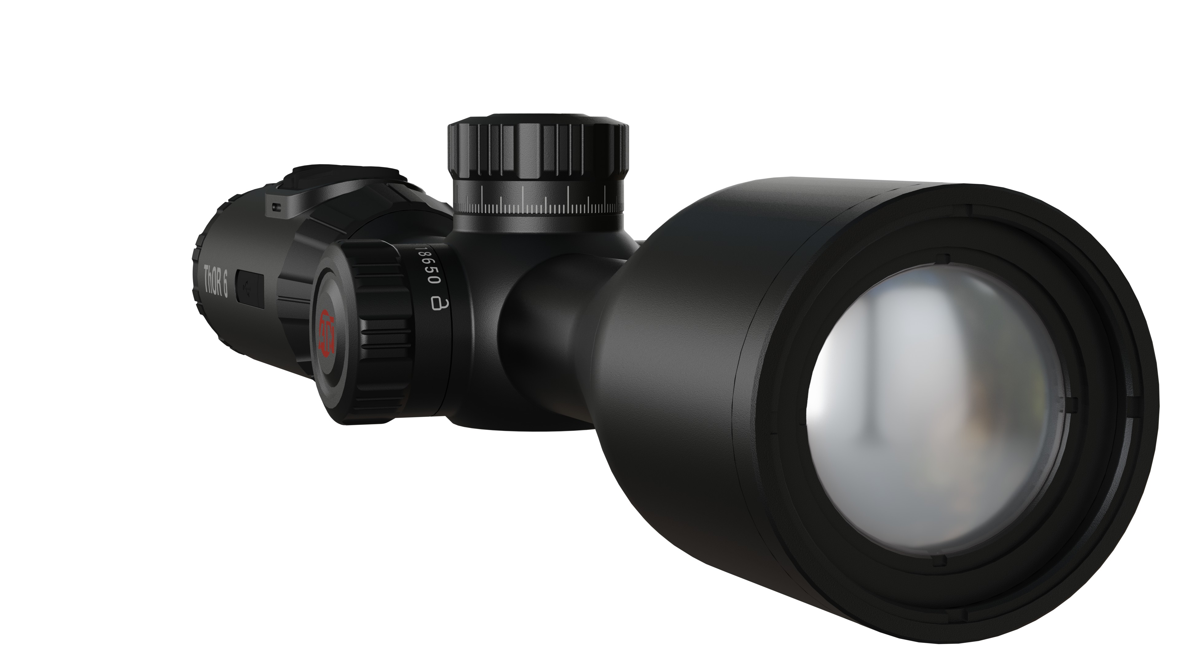 Front-angle perspective studio view of an ATN ThOR 6 thermal rifle scope showing the large objective lens, adjustment turrets, the 18650 battery cap and side branding